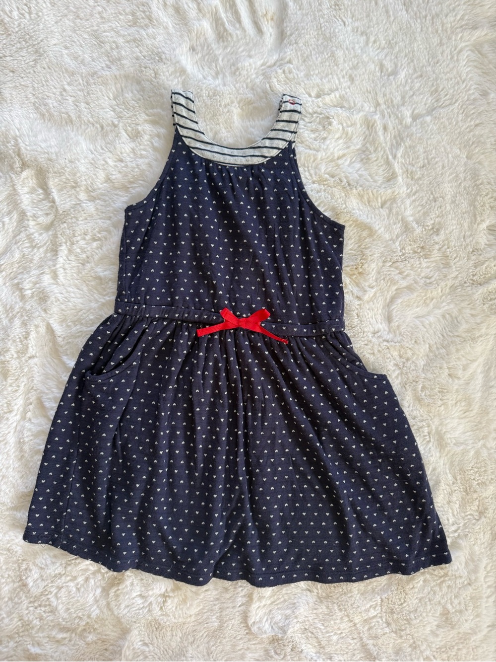 Maggie & Zoe Navy Heart Print Sleeveless Dress with Red Bow